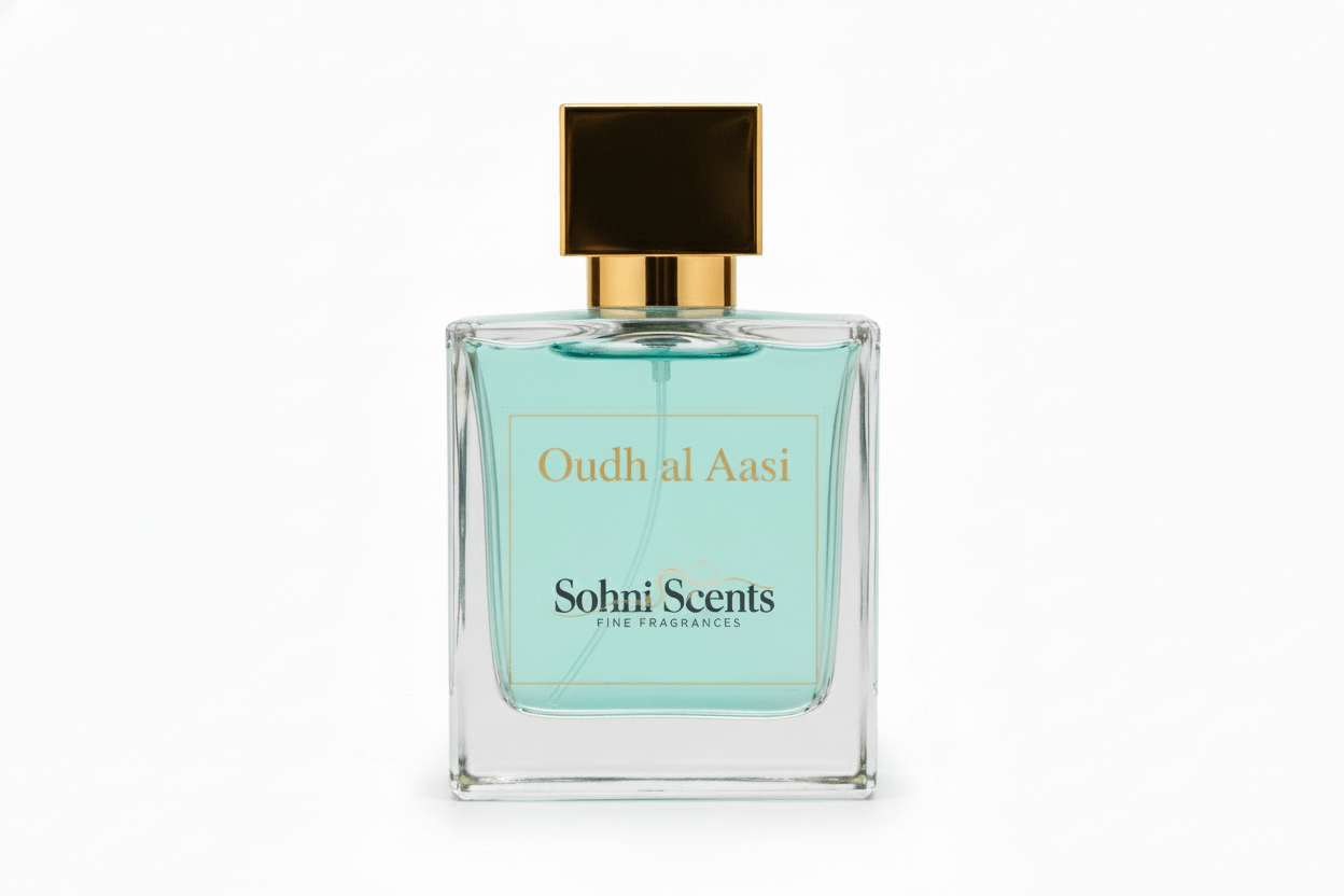 Oudh al Aasi 50 ML perfume bottle by Sohni Scents, featuring a fierce and primal fragrance, perfumes like Oudh al Aasi.